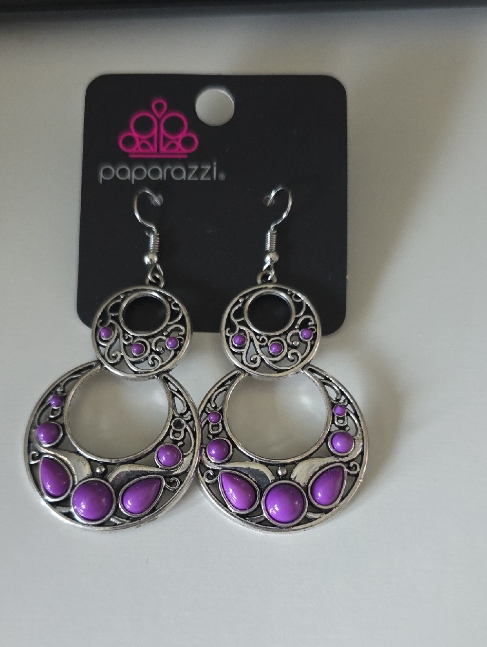 paparazzi Silver-Tone Filigree Drop Earrings with Purple Accents